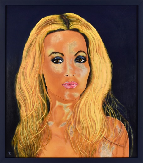 Beyonce von Yamelis Kimpel, gemalt und punziert auf Leder gerahmt im modernen Holzrahmen. 59cm x 67cm