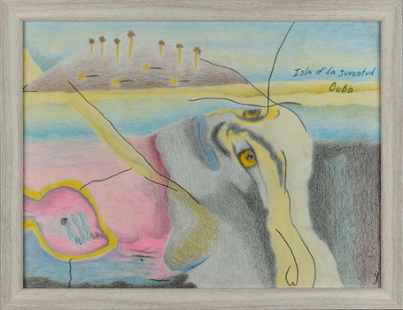 Isla d la Juventud, Papierzeichnung hinter Glasrahmen. Kunst von Yamelis Kimpel 33cm x 43cm