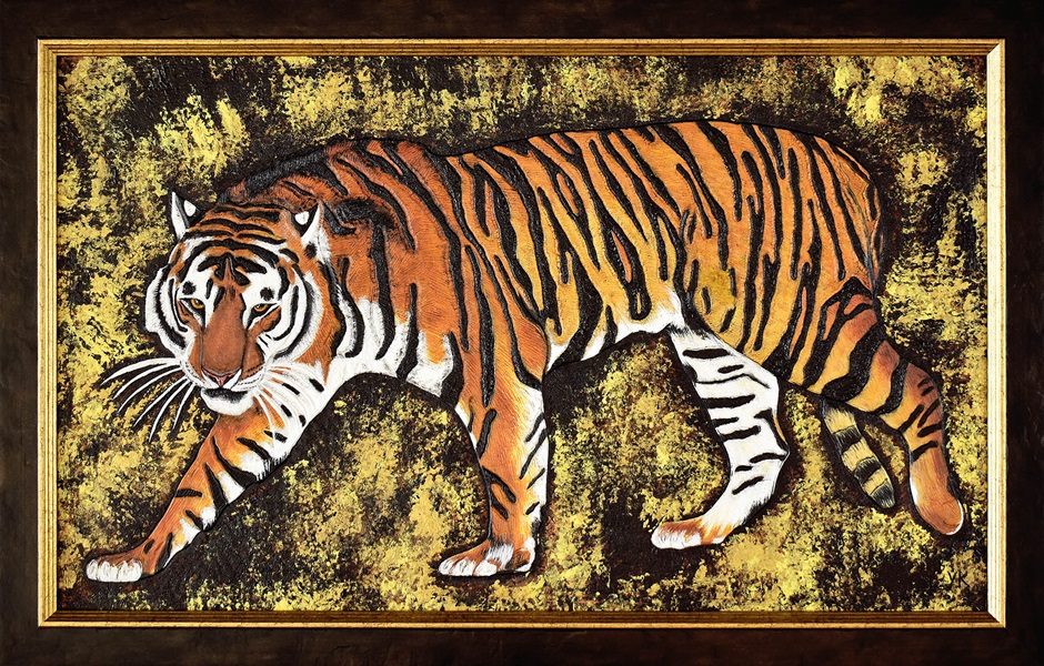 Tiger Kunst auf Leder Punziert und gemalt, von Yamelis Kimpel 88cm x 53cm
